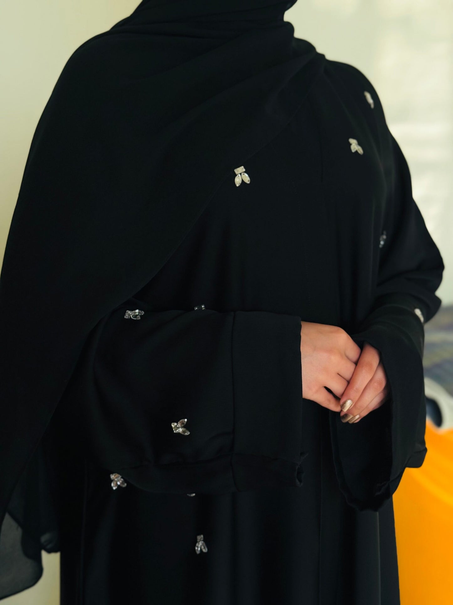 Hand Embellished Half Sleeve & Front Abaya Made with Black Crepe Silk